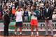 PARIS, FRANCE - JUNE 09: Rafael Nadal of Spain speaks to the crowd next to David Ferrer of Spain, Olympic champion Usain Bolt and President of the International Tennis Federation Francesco Bitti Ricci as he celebrates victory in the men's singles final a