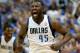 DALLAS, TX - APRIL 28: DeJuan Blair #45 of the Dallas Mavericks reacts during play against the San Antonio Spurs in Game Four of the Western Conference Quarterfinals during the 2014 NBA Playoffs at American Airlines Center on April 28, 2014 in Dallas, Te