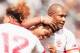 TOKYO, JAPAN - JUNE 10: Alipate Fatafehi of Tonga is congratulated after scoring a try during the IRB Pacific Nations Cup match between Japan and Tonga at Prince Chichibu Memorial Stadium on June 10, 2012 in Tokyo, Japan. (Photo by Adam Pretty/Getty Ima