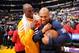 LOS ANGELES, CA - MARCH 29: Derek Fisher #37 of the Oklahoma City Thunder is greeted by Kobe Bryant #24 of the Los Angeles Lakers at Staples Center on March 29, 2012 in Los Angeles, California. NOTE TO USER: User expressly acknowledges and agrees that, b