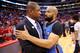 LOS ANGELES, CA - MAY 15: Head coach Doc Rivers of the Los Angeles Clippers enmbraces Derek Fisher #6 of the Oklahoma City Thunder after the Thunder's victory in Game Six of the Western Conference Semifinals during the 2014 NBA Playoffs at Staples Center