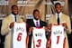 MIAMI - JULY 09: LeBron James #6, Dwyane Wade #3 and Chris Bosh #1 of the Miami Heat show off their new game jerseys before a press conference after a welcome party at American Airlines Arena on July 9, 2010 in Miami, Florida. (Photo by Doug Benc/Getty
