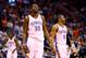 Mar 6, 2014; Phoenix, AZ, USA; Oklahoma City Thunder forward Kevin Durant (35) and guard Russell Westbrook (0) react during the fourth quarter against the Phoenix Suns at the US Airways Center. The Suns defeated the Thunder 128-122. Mandatory Credit: Mark