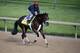 May 1, 2014; Louisville, KY, USA; Exercise rider Kelvin Pahal works out Kentucky Derby hopeful Wicked Strong during morning workouts at Churchill Downs. Mandatory Credit: Jamie Rhodes-USA TODAY Sports