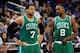 Jan 19, 2014; Orlando, FL, USA; Boston Celtics center Jared Sullinger (7) and small forward Jeff Green (8) talk against the Orlando Magic during the second half at Amway Center. Mandatory Credit: Kim Klement-USA TODAY Sports