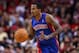 Mar 1, 2014; Houston, TX, USA; Detroit Pistons point guard Brandon Jennings (7) brings the ball up the court during the third quarter against the Houston Rockets at Toyota Center. Mandatory Credit: Troy Taormina-USA TODAY Sports