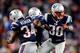 FOXBORO, MA - NOVEMBER 24: Running back Brandon Bolden #38, running back Shane Vereen #34, and running back Stevan Ridley #22 of the New England Patriots celebrate against the Denver Broncos during a game at Gillette Stadium on November 24, 2013 in Foxbor