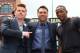 LOS ANGELES, CA - MAY 06: Boxers Canelo Alvarez (L) and Erislandy Lara (R) and Oscar De La Hoya (C), president of Golden Boy Promotions, pose onstage during the press tour for Canelo Alvarez v Erislandy Lara on May 6, 2014 in Los Angeles, California. (P