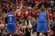 LOS ANGELES, CA - MAY 15: Russell Westbrook #0 and Kevin Durant #35 of the Oklahoma City Thunder celebrate in Game Six of the Western Conference Semifinals against the Los Angeles Clippers during the 2014 NBA Playoffs at Staples Center on May 15, 2014 in