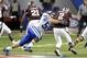 Dec 31, 2013; Atlanta, GA, USA; Duke Blue Devils linebacker Kelby Brown (59) sacks Texas A&M Aggies quarterback Johnny Manziel (2) during the first quarter in the 2013 Chick-fil-a Bowl at the Georgia Dome. Mandatory Credit: John David Mercer-USA TODAY Sp
