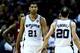SAN ANTONIO, TX - JUNE 05: Tim Duncan #21 celebrates with Manu Ginobili #20 of the San Antonio Spurs against the Miami Heat during Game One of the 2014 NBA Finals at the AT&T Center on June 5, 2014 in San Antonio, Texas. NOTE TO USER: User expressly ackno
