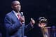 Mar 28, 2014; Auburn Hills, MI, USA; Former Detroit Pistons player Isiah Thomas addresses the crowd during a half-time celebration for the 1989 NBA championship team at The Palace of Auburn Hills. Mandatory Credit: Rick Osentoski-USA TODAY Sports