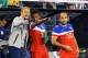 Apr 2, 2014; Glendale, AZ, USA; USA head coach Jurgen Klinsmann (left) talks to forward Julian Green (center) alongside midfielder Landon Donovan in the second half against Mexico during a friendly match at University of Phoenix Stadium. The game ended in