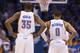 OKLAHOMA CITY, OK - May 27: Kevin Durant #35 and Russell Westbrook #0 of the Oklahoma City Thunder look on against the San Antonio Spurs in Game 4 of the Western Conference Finals during the 2014 NBA Playoffs at the Chesapeake Arena on May 27, 2014 in Ok