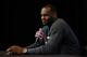 SAN ANTONIO, TX - JUNE 06: LeBron James #6 of the Miami Heat speaks to the media on a practice day following Game One of the 2014 NBA Finals against the San Antonio Spurs at the Spurs Practice Facility on June 6, 2014 in San Antonio, Texas. NOTE TO USER: