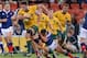 BRISBANE, AUSTRALIA - JUNE 07: Rob Simmons of the Wallabies takes on the defence during the First International Test Match between the Australian Wallabies and France at Suncorp Stadium on June 7, 2014 in Brisbane, Australia. (Photo by Bradley Kanaris/Ge