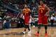 ATLANTA, GA - APRIL 04: Kyrie Irving #2 and Dion Waiters #3 of the Cleveland Cavaliers walk off the court between free throws in their 117-98 loss to the Atlanta Hawks at Philips Arena on April 4, 2014 in Atlanta, Georgia. NOTE TO USER: User expressly a