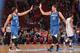 PHILADELPHIA, PA - JANUARY 6: Ricky Rubio #9 and Kevin Love #42 of the Minnesota Timberwolves slap hands against the Philadelphia 76ers at the Wells Fargo Center on January 6, 2014 in Philadelphia, Pennsylvania. NOTE TO USER: User expressly acknowledges a