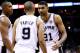 SAN ANTONIO, TX - JUNE 08: Tim Duncan #21 speaks to Tony Parker #9 of the San Antonio Spurs against the Miami Heat during Game Two of the 2014 NBA Finals at the AT&T Center on June 8, 2014 in San Antonio, Texas. NOTE TO USER: User expressly acknowledges a