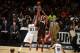 SAN ANTONIO, TX - JUNE 8: Rashard Lewis #9 of the Miami Heat takes a three pointer against Tim Duncan #21 of the San Antonio Spurs during Game Two of the 2014 NBA Finals at AT&T Center on June 8, 2014 in San Antonio, Texas. NOTE TO USER: User expressly a