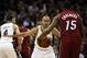 Jun 5, 2014; San Antonio, TX, USA; San Antonio Spurs guard Tony Parker (9) defends Miami Heat guard Mario Chalmers (15) during the first quarter in game one of the 2014 NBA Finals at AT&T Center. Mandatory Credit: Soobum Im-USA TODAY Sports