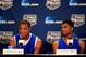 ARLINGTON, TX - APRIL 06: Aaron Harrison of Kentucky talks with the media as Andrew Harrison looks on during an NCAA Men's Final Four press conference at AT&T Stadium on April 6, 2014 in Arlington, Texas. (Photo by Jamie Squire/Getty Images)