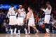 Apr 2, 2014; New York, NY, USA; New York Knicks forward Carmelo Anthony (7) celebrates a basket with teammates against the Brooklyn Nets during the first half at Madison Square Garden. Mandatory Credit: Joe Camporeale-USA TODAY Sports
