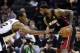 Jun 8, 2014; San Antonio, TX, USA; Miami Heat forward LeBron James (6) handles the ball against San Antonio Spurs forward Kawhi Leonard (2) in game two of the 2014 NBA Finals at AT&T Center. Mandatory Credit: Bob Donnan-USA TODAY Sports