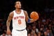 Jan 30, 2014; New York, NY, USA; New York Knicks shooting guard J.R. Smith (8) advances the ball during the third quarter against the Cleveland Cavaliers at Madison Square Garden. New York Knicks won 117-86. Mandatory Credit: Anthony Gruppuso-USA TODAY