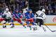 NEW YORK, NY - JUNE 09: Carl Hagelin #62 of the New York Rangers attempts to block a shot taken by Drew Doughty #8 of the Los Angeles Kings during Game Three of the 2014 NHL Stanley Cup Final at Madison Square Garden on June 9, 2014 in New York City. (Ph