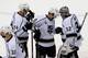 NEW YORK, NY - JUNE 09: Jonathan Quick #32, Mike Richards #10 and Dwight King #74 of the Los Angeles Kings celebrate their team's 3-0 victory over the New York Rangers in Game Three of the 2014 NHL Stanley Cup Final at Madison Square Garden on June 9, 20