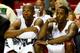 MIAMI, FL - JUNE 10: Ray Allen #34 and Mario Chalmers #15 of the Miami Heat look on from the bench against the San Antonio Spurs during Game Three of the 2014 NBA Finals at American Airlines Arena on June 10, 2014 in Miami, Florida. NOTE TO USER: User ex