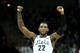 SPOKANE, WA - MARCH 22: Branden Dawson #22 of the Michigan State Spartans celebrates in the second half against the Harvard Crimson during the Third Round of the 2014 NCAA Basketball Tournament at Spokane Veterans Memorial Arena on March 22, 2014 in Spok