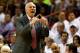 MIAMI, FL - JUNE 10: Gregg Popovich of the San Antonio Spurs motions to his players against the Miami Heat during Game Three of the 2014 NBA Finals at American Airlines Arena on June 10, 2014 in Miami, Florida. NOTE TO USER: User expressly acknowledges a
