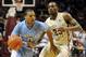 Feb 17, 2014; Tallahassee, FL, USA; Florida State Seminoles guard Aaron Thomas (25) chases North Carolina Tarheels guard Nate Britt (0) at the Donald L. Tucker Center. Mandatory Credit: Melina Vastola-USA TODAY Sports