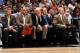 SAN ANTONIO - DECEMBER 5: (L-R) Assistant coaches Brett Brown and Don Newman, head coach Gregg Popovich, assistant coach Mike Budenholzer and trainer Will Sevening of the San Antonio Spurs watch the action against the Dallas Mavericks on December 5, 2007
