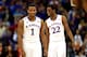 KANSAS CITY, MO - MARCH 13: Wayne Selden, Jr. #1 of the Kansas Jayhawks celebrates with Andrew Wiggins #22 as the Jayahwks defeat the Oklahoma State Cowboys 77-70 to win the Big 12 Basketball Tournament quarterfinal game at Sprint Center on March 13, 201