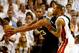 MIAMI, FL - JUNE 10: Boris Diaw #33 of the San Antonio Spurs controls the ball as Rashard Lewis #9 of the Miami Heat defends during Game Three of the 2014 NBA Finals at American Airlines Arena on June 10, 2014 in Miami, Florida. NOTE TO USER: User express