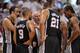 Jun 20, 2013; Miami, FL, USA; San Antonio Spurs head coach Gregg Popovich talks with San Antonio Spurs power forward Tim Duncan (21), point guard Tony Parker (9), and shooting guard Manu Ginobili (left) during the fourth quarter of game seven in the 2013