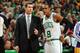 BOSTON, MA - JANUARY 17: Head coach Brad Stevens and Rajon Rondo #9 of the Boston Celtics talkd uring a time out against the Los Angeles Lakers on January 17, 2014 at the TD Garden in Boston, Massachusetts. NOTE TO USER: User expressly acknowledges and a