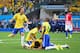 SAO PAULO, BRAZIL - JUNE 12: David Luiz of Brazil celebrates with teammates after a goal by Oscar in the second half during the 2014 FIFA World Cup Brazil Group A match between Brazil and Croatia at Arena de Sao Paulo on June 12, 2014 in Sao Paulo, Brazi