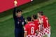 SAO PAULO, BRAZIL - JUNE 12: Referee Yuichi Nishimura shows Dejan Lovren of Croatia (2nd L) a yellow card and awards a penalty kick during the 2014 FIFA World Cup Brazil Group A match between Brazil and Croatia at Arena de Sao Paulo on June 12, 2014 in S