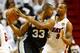 MIAMI, FL - JUNE 12: Tony Parker #9 of the San Antonio Spurs defends against Boris Diaw #33 of the San Antonio Spurs during Game Four of the 2014 NBA Finals at American Airlines Arena on June 12, 2014 in Miami, Florida. NOTE TO USER: User expressly acknow
