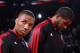 PORTLAND, OR - JANUARY 16: Damian Lillard #0 and LaMarcus Aldridge #12 of the Portland Trail Blazers stand before the game against the Cleveland Cavaliers on January 16, 2013 at the Rose Garden Arena in Portland, Oregon. NOTE TO USER: User expressly ackn