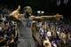 Feb 10, 2014; Manhattan, KS, USA; Kansas State Wildcats forward Thomas Gipson (42) celebrates an 85-82 overtime win over the Kansas Jayhawks at Fred Bramlage Coliseum. Mandatory Credit: Scott Sewell-USA TODAY Sports