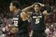 Jabari Brown and Jordan Clarkson react to a negative officiating call against Arkansas.