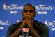 Jun 12, 2014; Miami, FL, USA; Miami Heat forward LeBron James speaks to the media after game four of the 2014 NBA Finals against the San Antonio Spurs at American Airlines Arena. Mandatory Credit: Robert Mayer-USA TODAY Sports