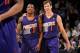 DENVER, CO - December 20: Eric Bledsoe #2 and Goran Dragic #1 of the Phoenix Suns smile and walk off the court against the Denver Nuggets on December 20, 2013 at the Pepsi Center in Denver, Colorado. NOTE TO USER: User expressly acknowledges and agrees t