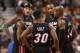 Nov 5, 2013; Toronto, Ontario, CAN; Miami Heat guard Dwyane Wade (3) talks to forward Chris Andersen (11) and point guard Norris Cole (30) and forward Rashard Lewis (9) and guard Ray Allen (34) against the Toronto Raptors at Air Canada Centre. The Heat be