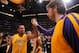 LOS ANGELES, CA - OCTOBER 29: Xavier Henry #7 and Pau Gasol #16 of the Los Angeles Lakers celebrate their team's victory over the Los Angeles Clippers at Staples Center on October 29, 2013 in Los Angeles, California. NOTE TO USER: User expressly acknowled